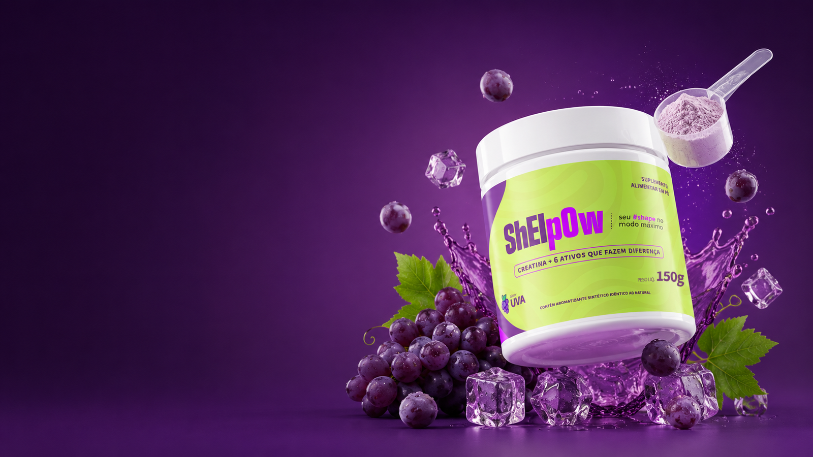 Pote de Sheipow Creatina sabor uva com explosão de uvas e gelo